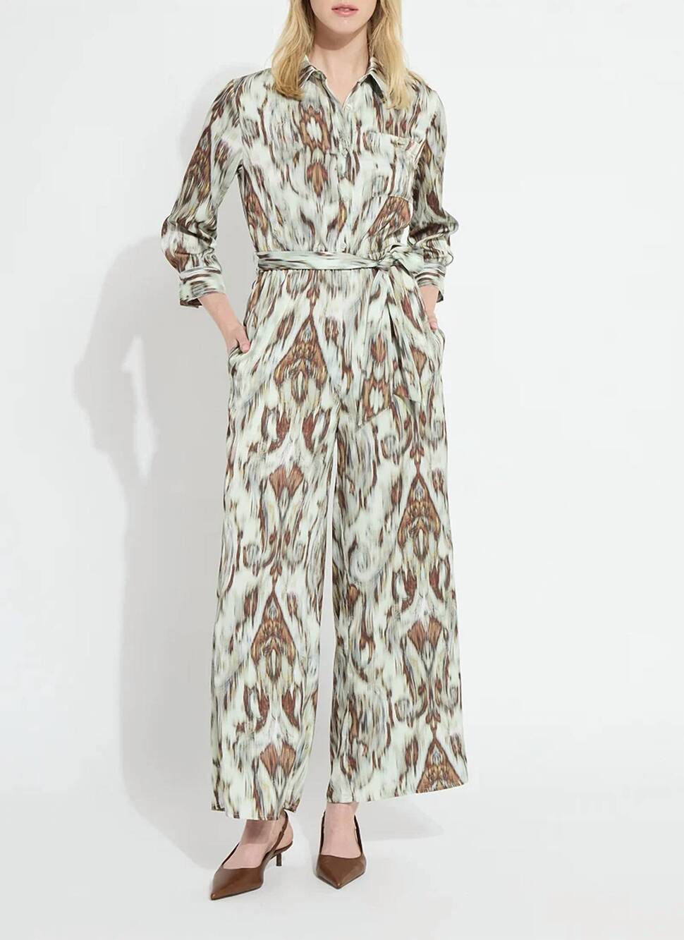 NEW LYSSE dahlia belted satin pantsuit in woodland paisley